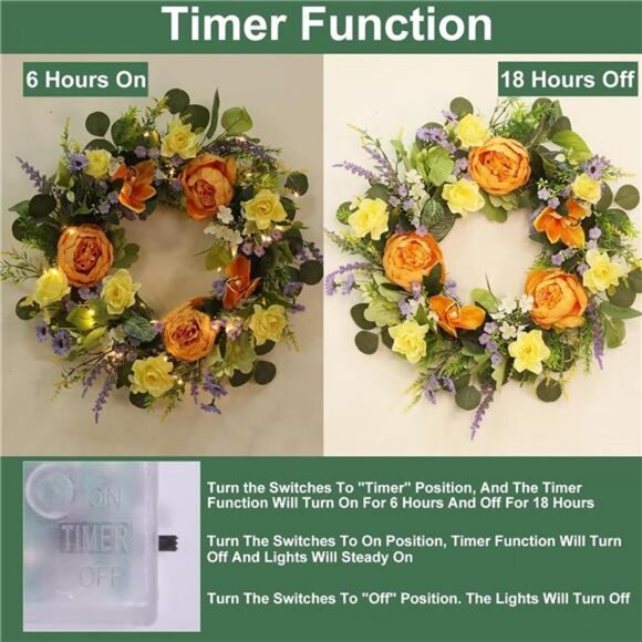 22'' Peony Floral Summer Fall Wreaths for Front Door & Lights Timer - Picture 5 of 8
